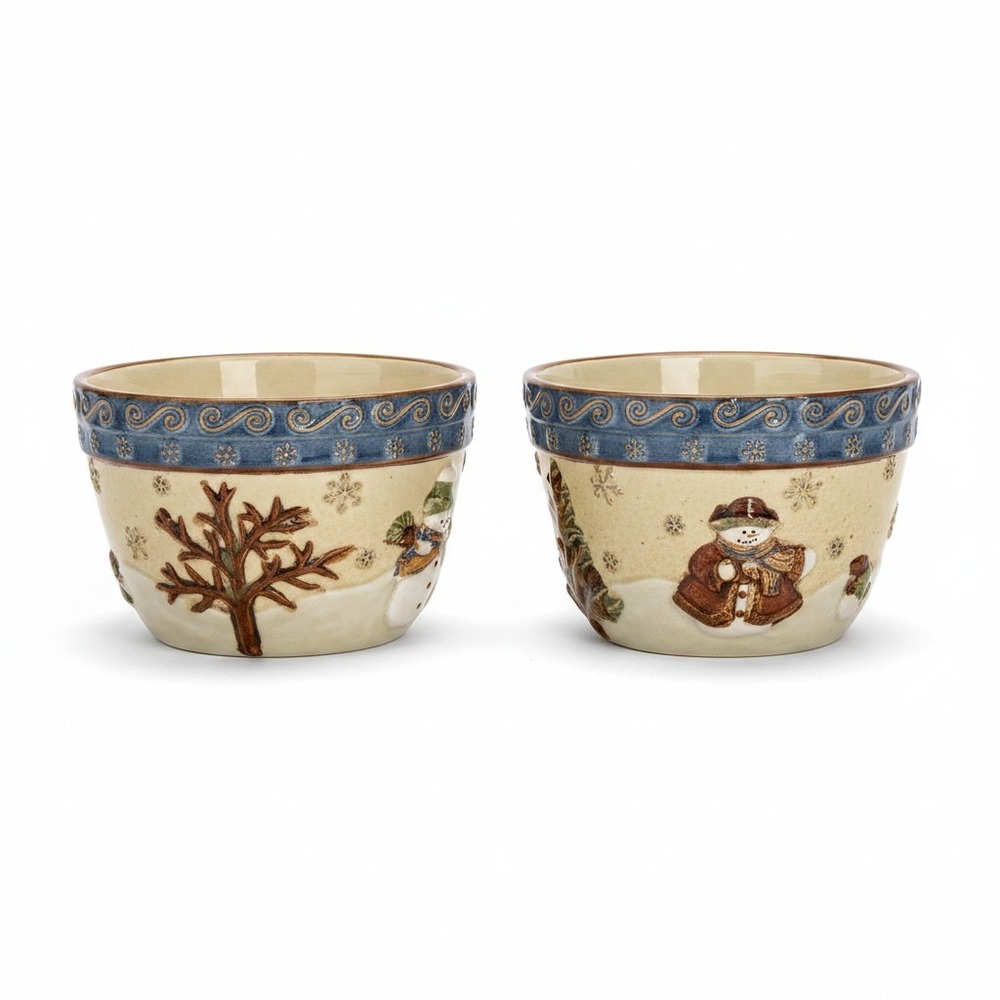 VTG St. Nicholas Square Forest Friends Snowman Ceramic Bowls Set of 2 Christmas